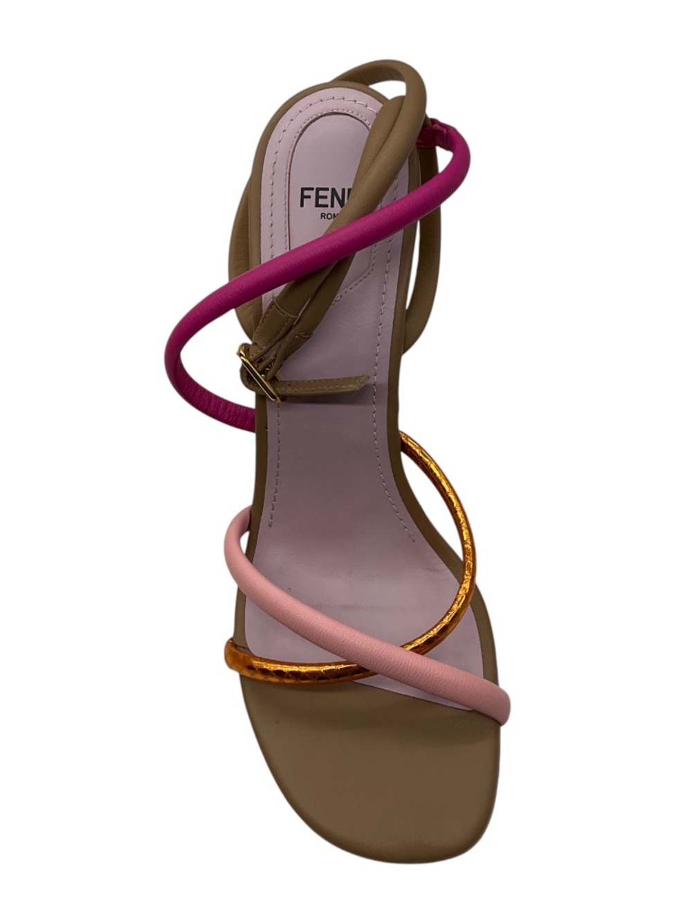 FENDI PINK / TAN MULTI FIRST F COLORBLOCK STRAPPY NAPA ARCHITECTURAL HEEL SANDAL - Picture 4 of 8